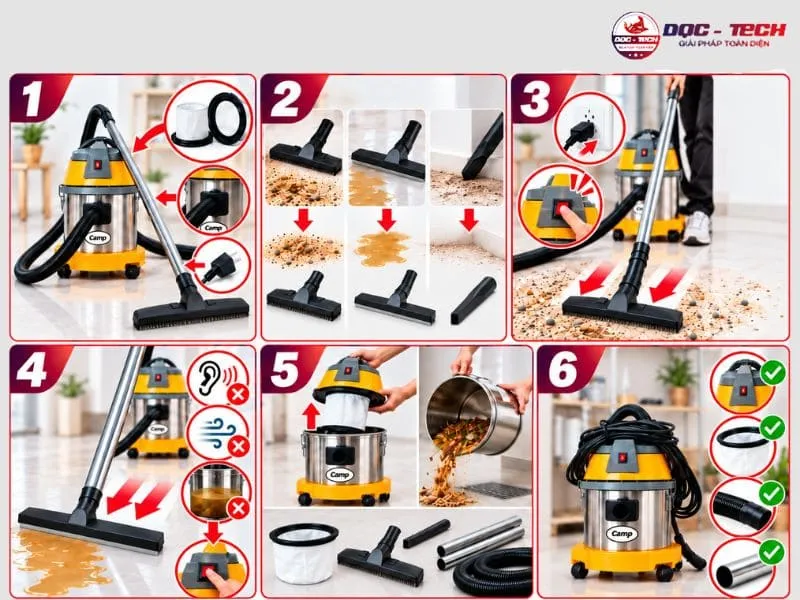 6 bước sử dụng máy hút bụi nhà xưởng 15L