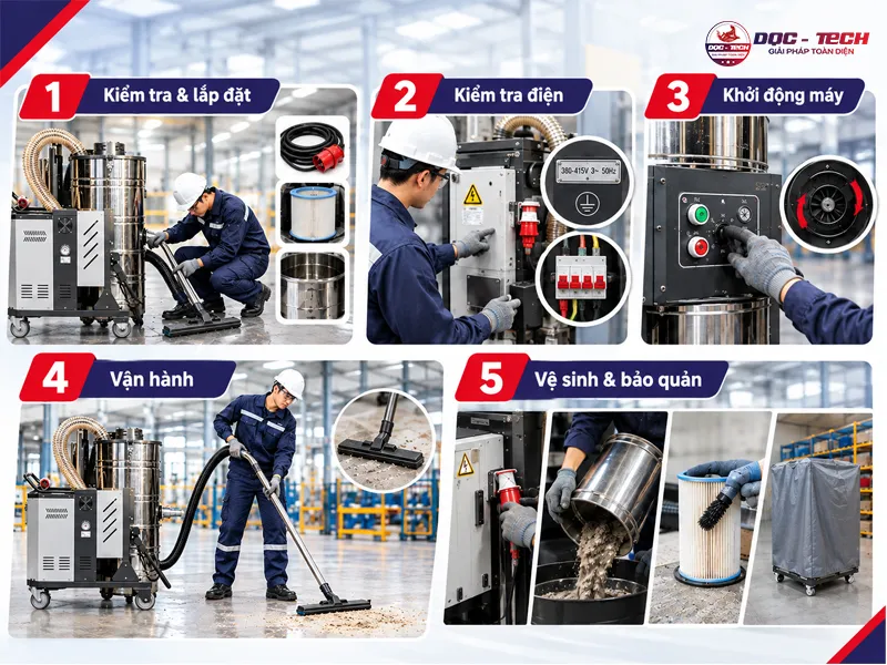 các bước vận hành thiết bị hút bụi công nghiệp 3 pha an toàn