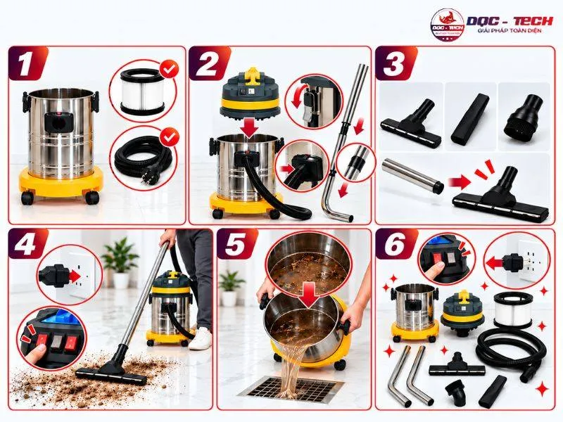6 bước sử dụng máy hút bụi nhà xưởng Kumisai KMS35