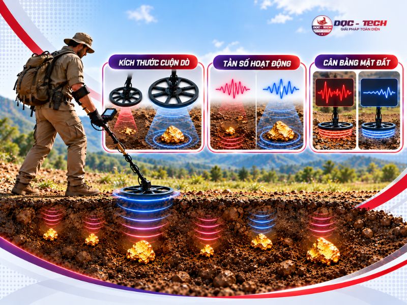 Cuộn dò, tần số và khả năng cân bằng mặt đất chi phối tới hiệu quả dò vàng
