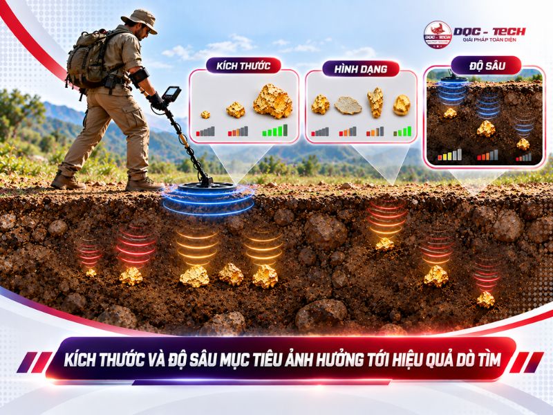 Độ sâu hay kích thước đều ảnh hưởng tới hiệu quả tìm kiếm vàng của máy
