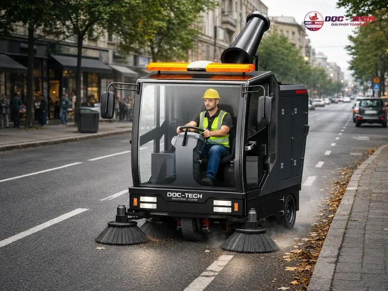 xe quét rác ngồi lái DQC Tech 15F làm việc trên mọi bề mặt