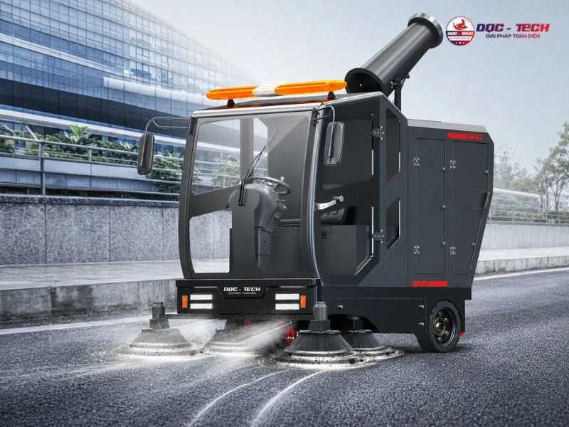 máy quét rác DQC Tech 15F gom rác trực tiếp vào thùng chứa