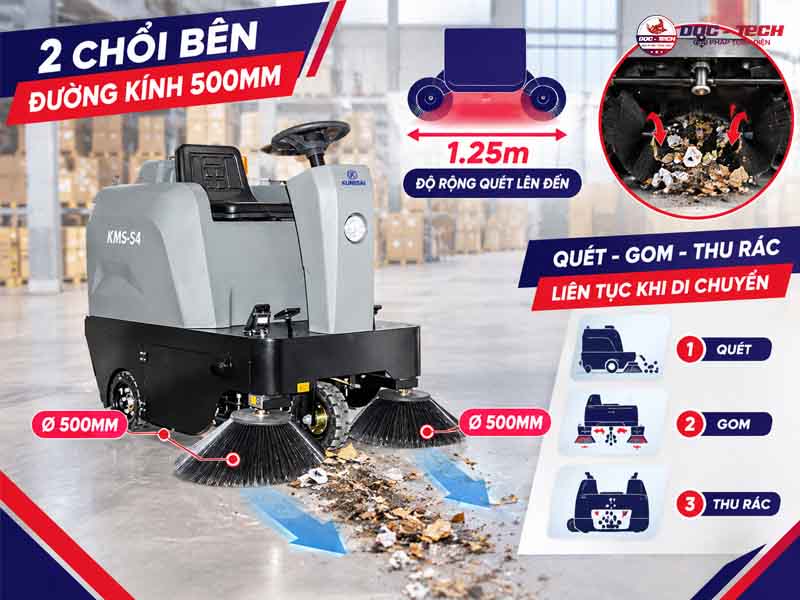 máy quét rác ngồi lái Kumisai KMS S4 sở hữu bổ chổi khỏe, quét sạch bụi bẩn