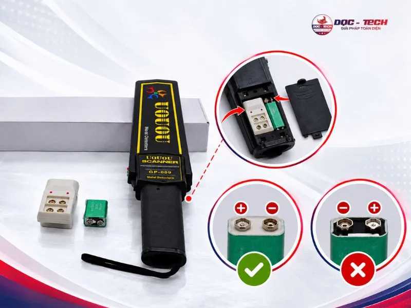 Check và lắp pin máy dò kim loại GP-009