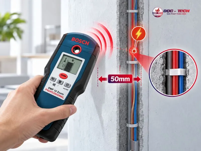 Bosch DMF 10 Zoom có thể phát hiện ra dây điện đang có điện