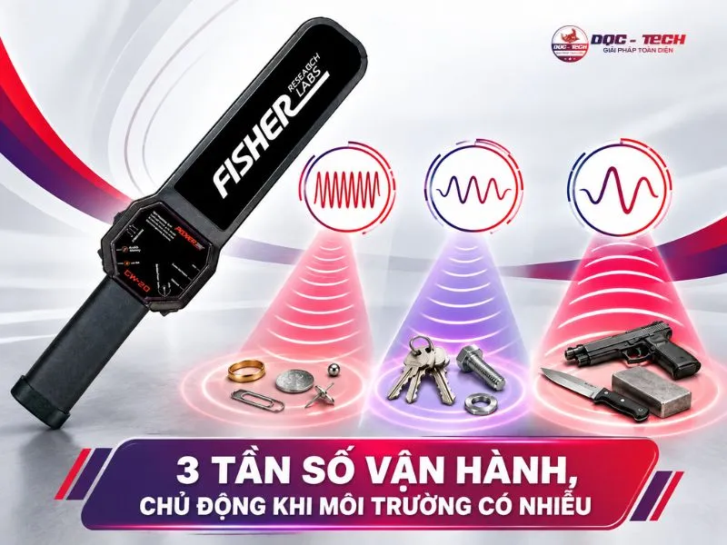 Máy dò kim loại cầm tay Fisher CW-20 có 3 kênh tần số, linh hoạt chuyển đổi