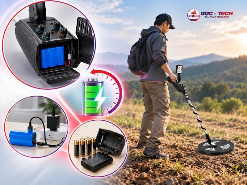 Đa số máy rà kim loại dưới lòng đất đều trang bị pin khỏe, linh hoạt thay thế