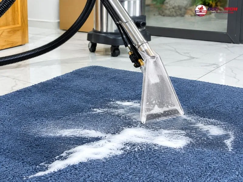 Bật công tắc phun dung dịch để làm sạch thảm