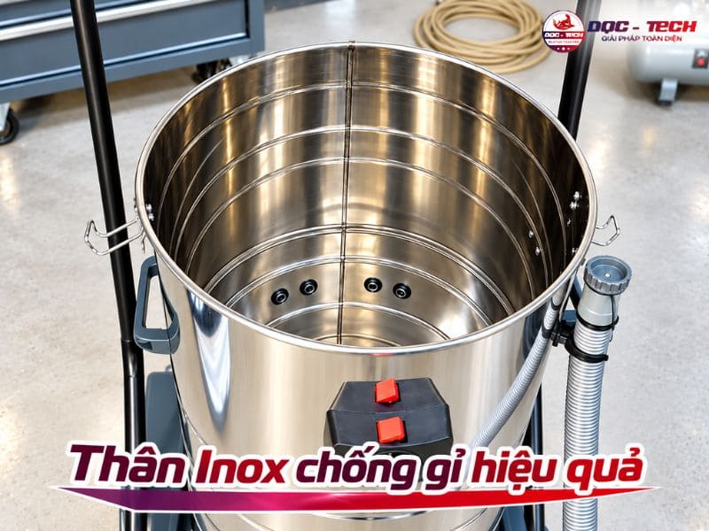Máy hút bụi 80 lít sở hữu thân inox chống gỉ và dễ dàng khi vệ sinh