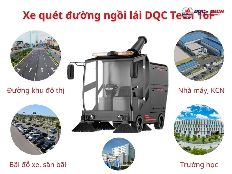 máy quét rác ngồi lái DQC Tech 16F được sử dụng ở nhiều nơi