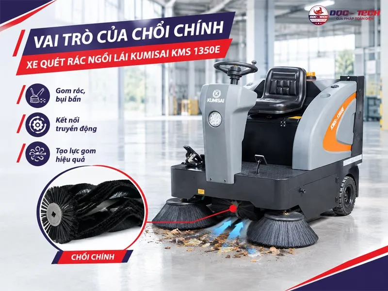 Vai trò chổi chính xe quét rác ngồi lái Kumisai KMS 1350E