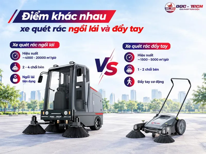 Điểm khác nhau xe quét rác công nghiệp đẩy tay và ngồi lái