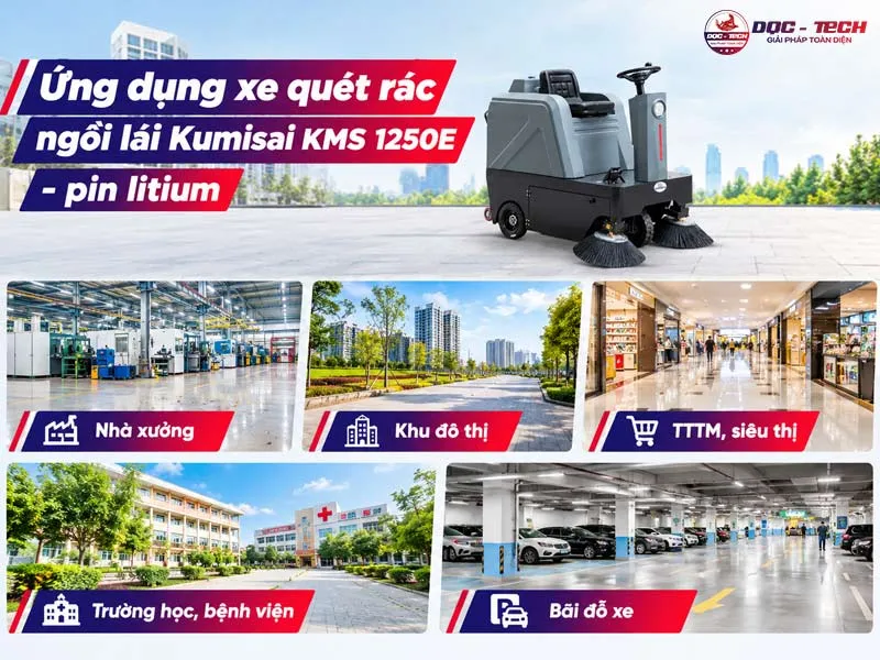 Ứng dụng xe quét rác ngồi lái Kumisai KMS 1250E - pin litium