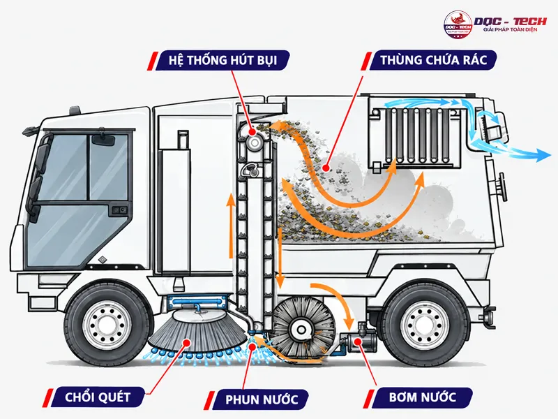 sơ đồ cấu tạo của máy quét rác đường phố Isuzu với hệ thống chuyên dùng