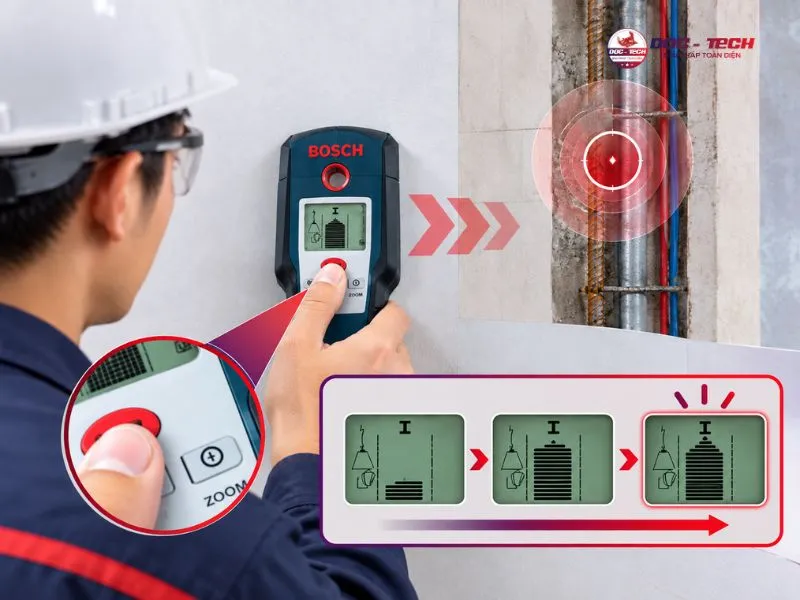 Ấn nút Zoom trên máy để rà tìm kim loại