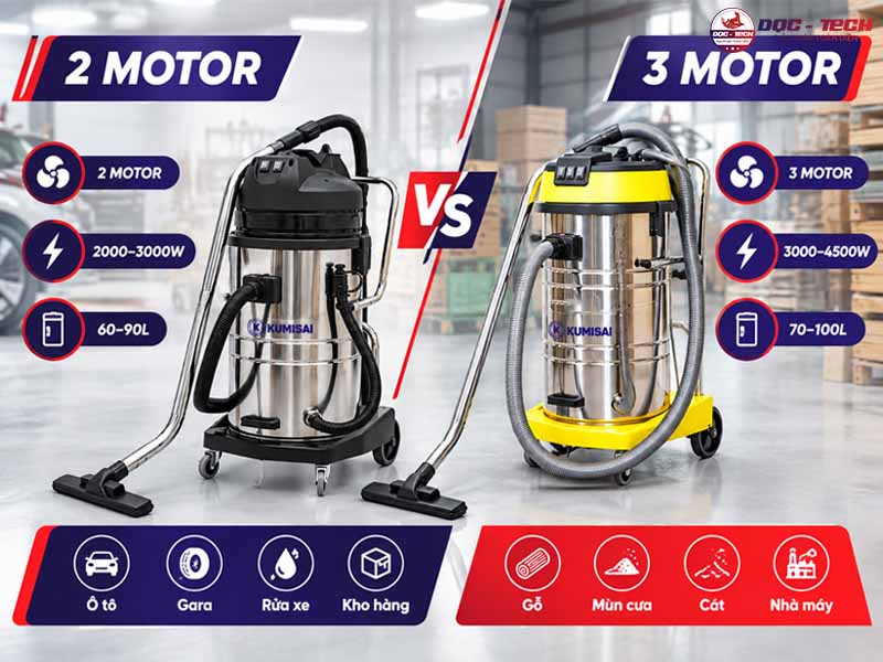 sự khác nhau giữ máy hút bụi công nghiệp 2 motor và 3 motor