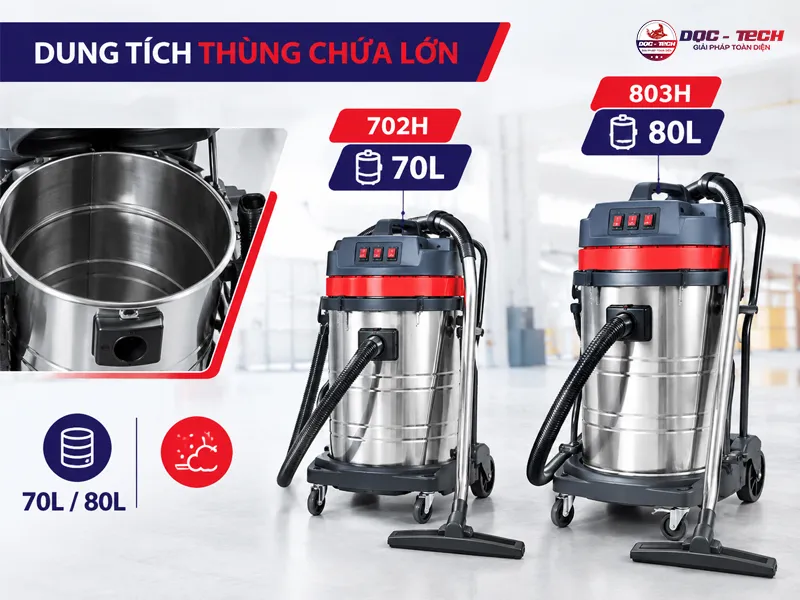 thiết bị hút bụi dqc tech trang bị thùng chứa rộng