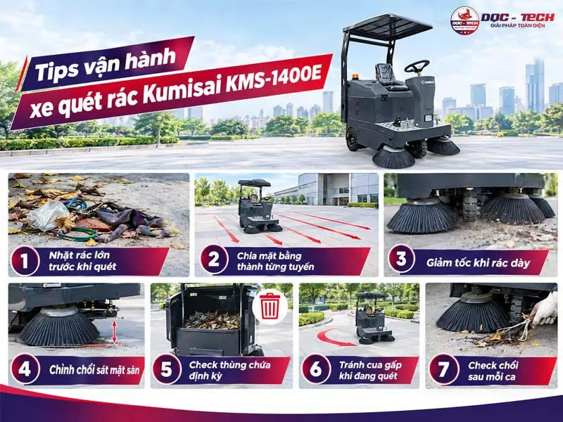 Vận hành xe quét rác ngồi lái Kumisai KMS-1400E