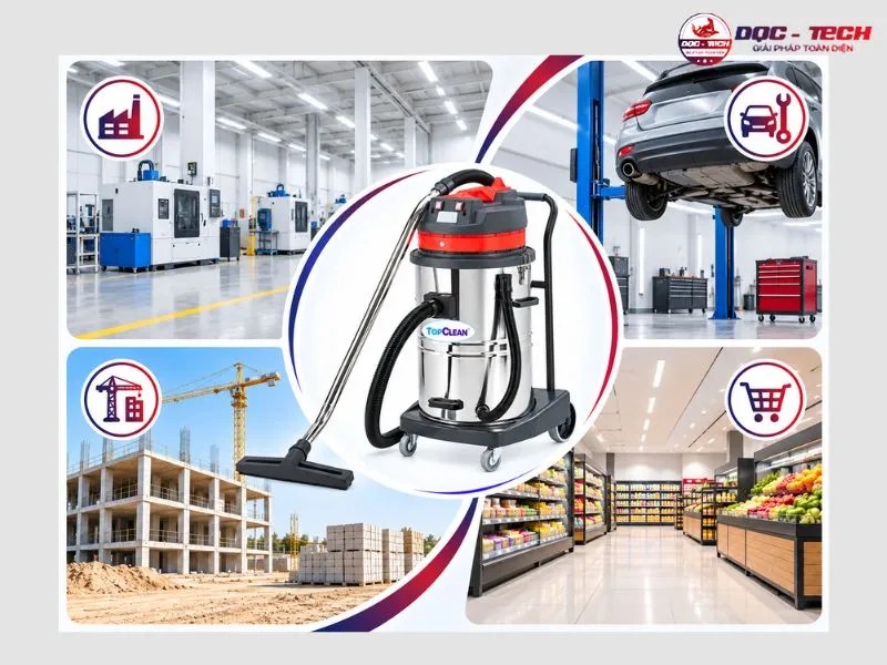 Máy hút bụi công nghiệp TopClean TC 70W ứng dụng tại gara ô tô, siêu thị