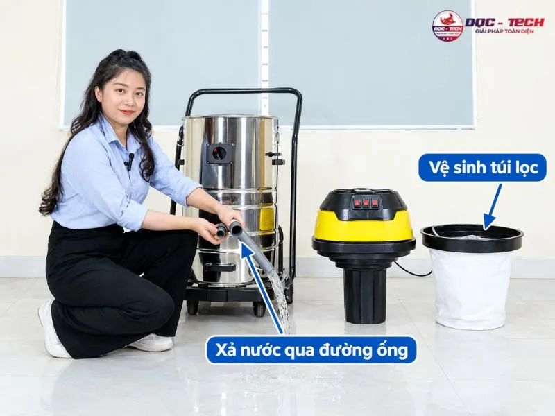 Xả nước thải qua đường ống và làm sạch túi lọc