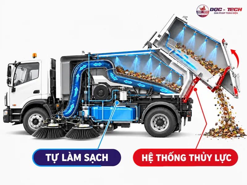 xe quét đường Isuzu được trang bị cơ cấu xả chuyên dụng
