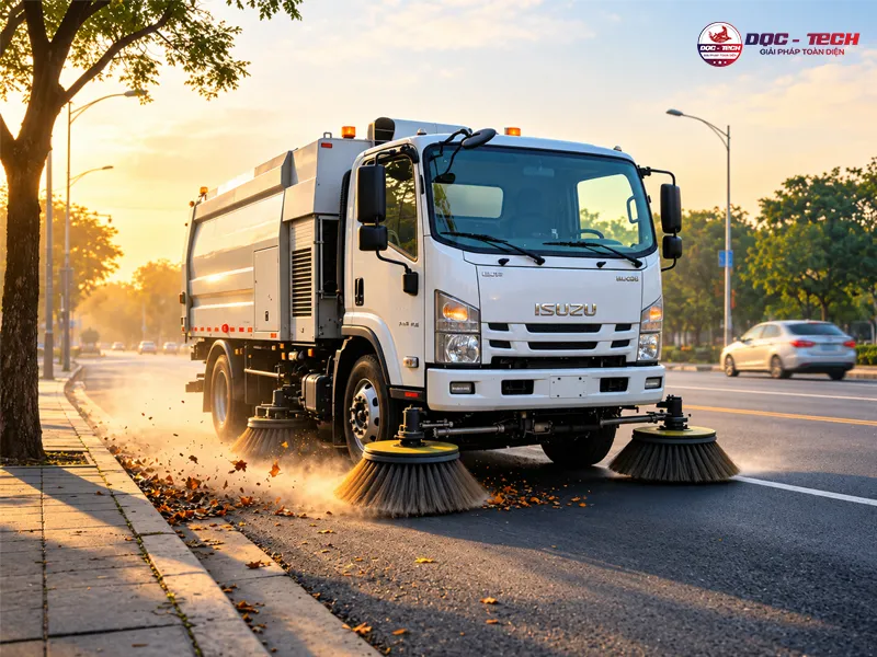 xe quét đường isuzu vừa quét, vừa dập và thu gom lượng rác lớn