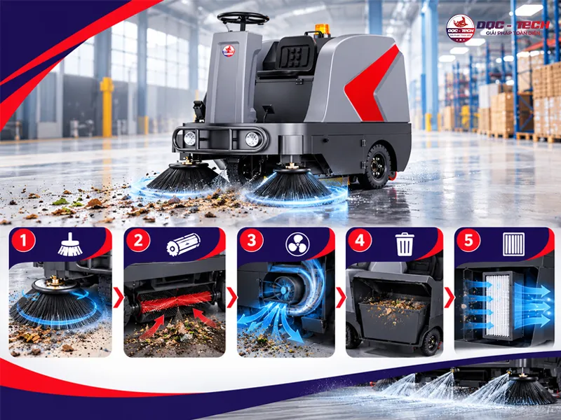 xe quét rác công nghiệp vận hành xử lý rác liên tục trong nhiều giờ