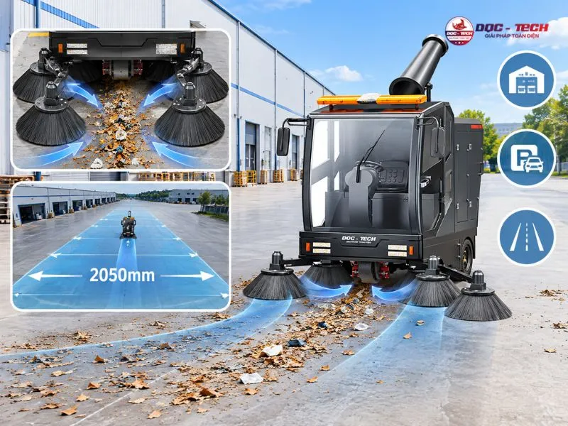 Xe quét rác ngồi lái DQC Tech 15F làm sạch bề mặt rộng nhanh chóng