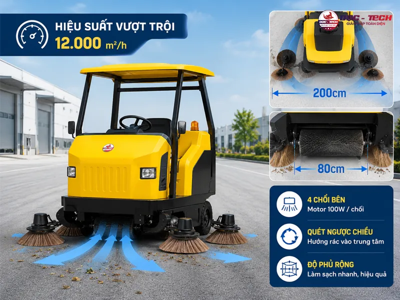 Xe quét rác ngồi lái DQC Tech 180 với hiệu suất vượt trội