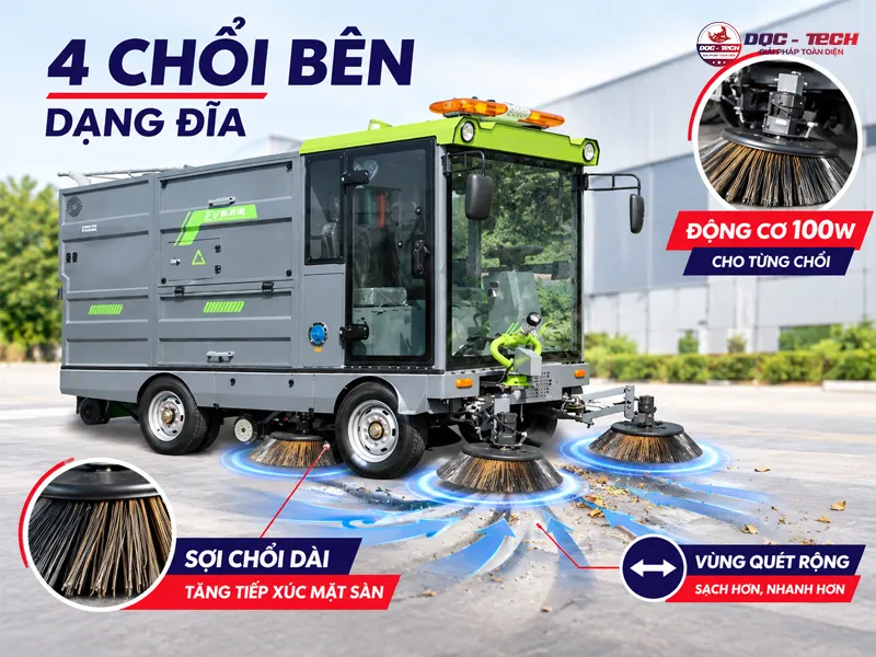 Xe quét rác ngồi lái Kumisai KMS25 trang bị 4 chổi bên quét sạch mọi bụi bẩn